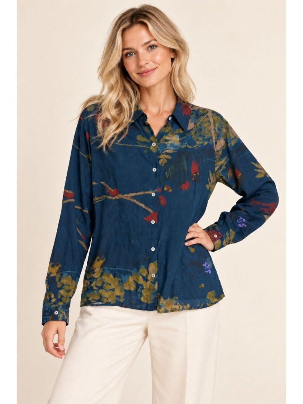NWT Yavi Women's L Abstact Floral Button Up Top Blouse Designer Boho Flowy